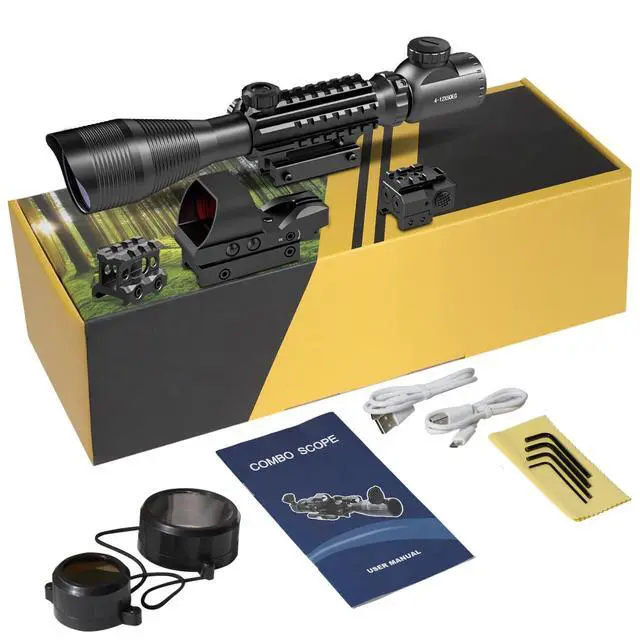 Alt view image 6 of 6 - 4-12/16x50EG Hunting Rifle Scope Tactical Red/Green Dual Illuminated Range Finder with Green/Red Laser 4 Models Holographic Reticle Reflex Red Dot Sight and 5 Brightness Modes Flashlight