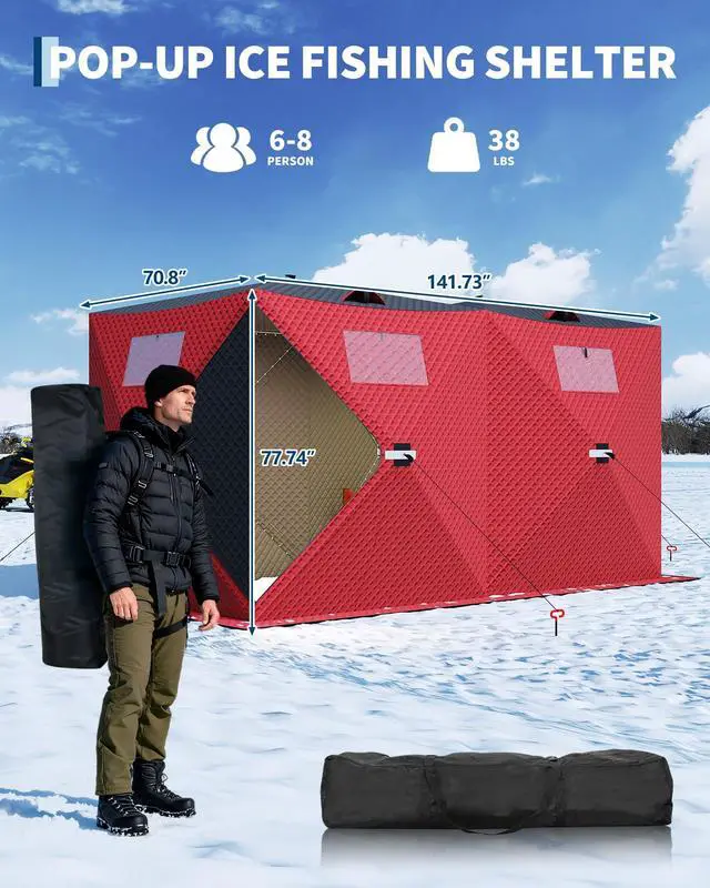 Alt view image 2 of 7 - Insulated Pop-Up Ice Fishing Tent Portable Hub-Style Winter Shelter Windproof & Durable Zippered Door, Carry Bag, Wind Ropes & Anchors Ideal for Ice Fishing Red
