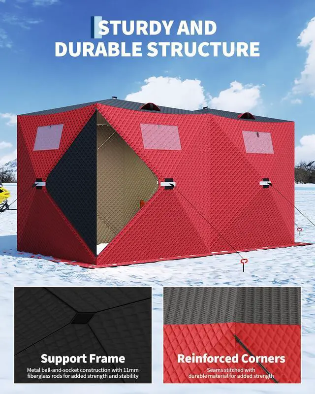 Alt view image 3 of 7 - Insulated Pop-Up Ice Fishing Tent Portable Hub-Style Winter Shelter Windproof & Durable Zippered Door, Carry Bag, Wind Ropes & Anchors Ideal for Ice Fishing Red