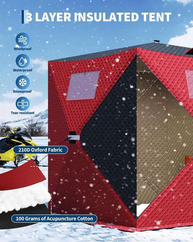 Alt view image 5 of 7 - Insulated Pop-Up Ice Fishing Tent Portable Hub-Style Winter Shelter Windproof & Durable Zippered Door, Carry Bag, Wind Ropes & Anchors Ideal for Ice Fishing Red