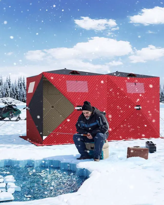 Alt view image 6 of 7 - Insulated Pop-Up Ice Fishing Tent Portable Hub-Style Winter Shelter Windproof & Durable Zippered Door, Carry Bag, Wind Ropes & Anchors Ideal for Ice Fishing Red