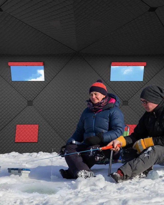 Alt view image 4 of 7 - Insulated Pop-Up Ice Fishing Tent Portable Hub-Style Winter Shelter Windproof & Durable Zippered Door, Carry Bag, Wind Ropes & Anchors Ideal for Ice Fishing Red