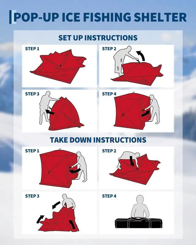 Alt view image 7 of 7 - Insulated Pop-Up Ice Fishing Tent Portable Hub-Style Winter Shelter Windproof & Durable Zippered Door, Carry Bag, Wind Ropes & Anchors Ideal for Ice Fishing Red