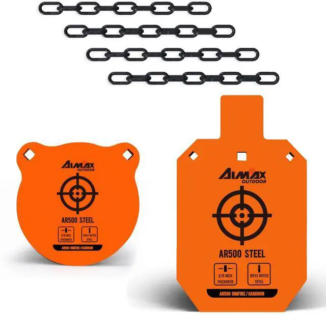 Main image of AR500 Steel Targets Combo with Metal Chains, 3/8 Thick Metal Gong Silhouette Targets for Outdoor Range and Shooting Practice, Neon Orange Color