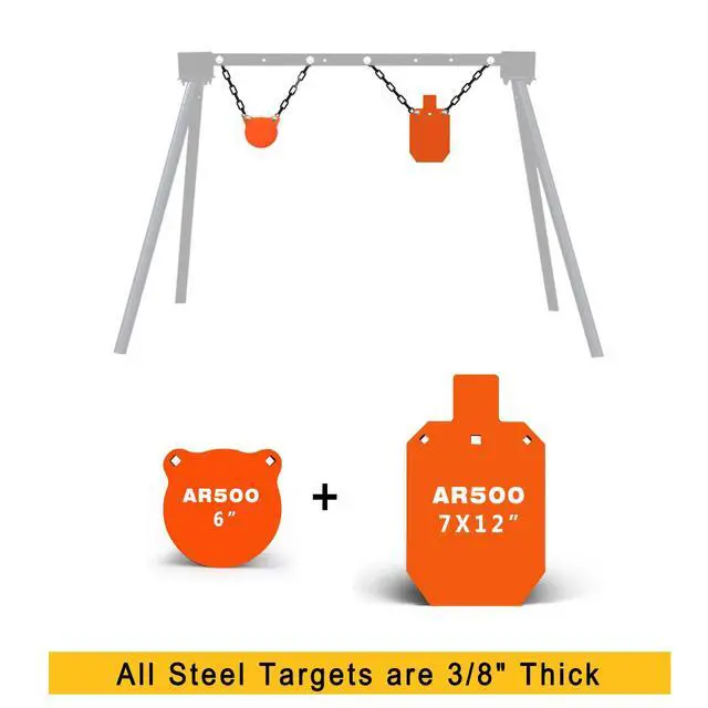 Alt view image 2 of 6 - AR500 Steel Targets Combo with Metal Chains, 3/8 Thick Metal Gong Silhouette Targets for Outdoor Range and Shooting Practice, Neon Orange Color