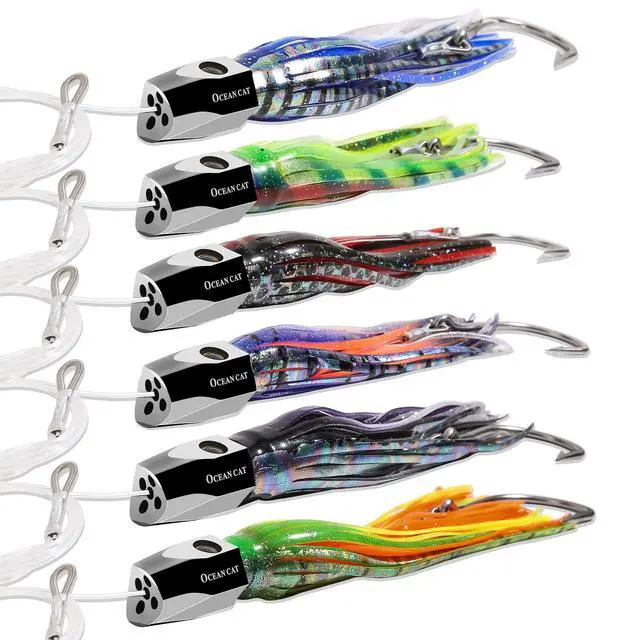 Alt view image 2 of 7 - Saltwater Trolling Lures Set, Offshore Fishing Lure Rigged Circle Hook & 6 in/9 in Hoochie Octopus/Squid Skirts for Catching Mahi, Tuna, Wahoo and Big Game Fishes