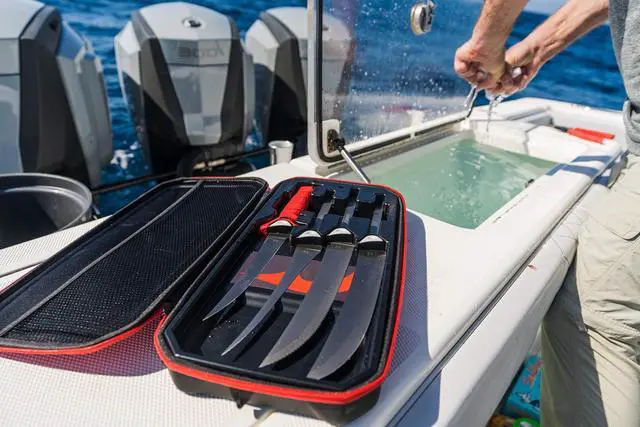 Alt view image 6 of 7 - Multi-Flex Interchangeable Blade Kit, with Non-Slip Grip Handle, 2 Ti-Nitride S.S. Coated Non-Stick Blades and Case for Fishing