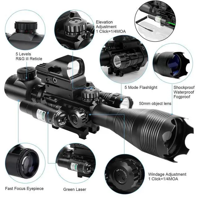 Alt view image 2 of 6 - 4-12/16x50EG Hunting Rifle Scope Tactical Red/Green Dual Illuminated Range Finder with Green/Red Laser 4 Models Holographic Reticle Reflex Red Dot Sight and 5 Brightness Modes Flashlight