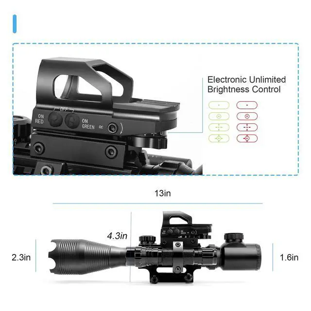 Alt view image 3 of 6 - 4-12/16x50EG Hunting Rifle Scope Tactical Red/Green Dual Illuminated Range Finder with Green/Red Laser 4 Models Holographic Reticle Reflex Red Dot Sight and 5 Brightness Modes Flashlight