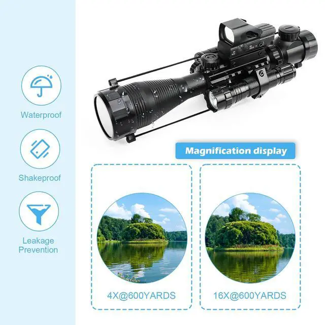 Alt view image 4 of 6 - 4-12/16x50EG Hunting Rifle Scope Tactical Red/Green Dual Illuminated Range Finder with Green/Red Laser 4 Models Holographic Reticle Reflex Red Dot Sight and 5 Brightness Modes Flashlight