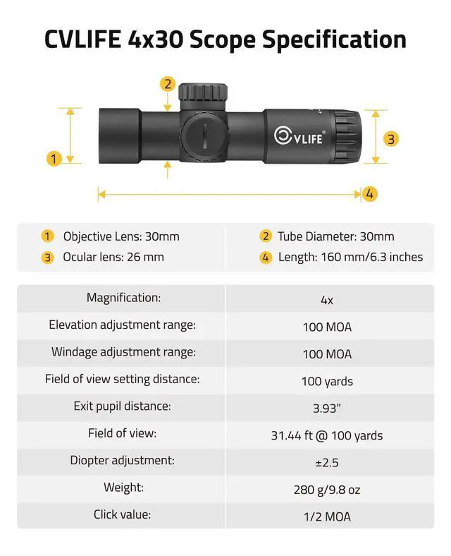 Alt view image 7 of 7 - Compact Rifle Scope with Illuminated Reticle, Zero Reset, Fixed Magnification Hunting Riflescope with 30mm Offset Scope Mount