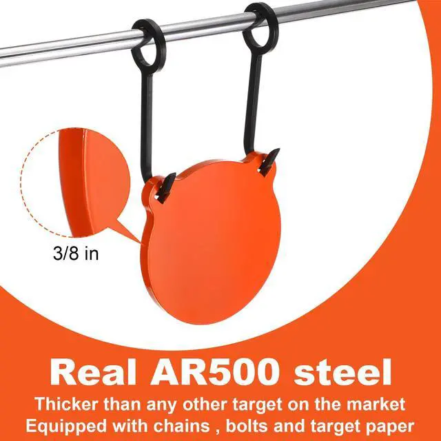 Alt view image 3 of 6 - 1/2 3/8 Inch Thick Ar500 Steel Target Combo Set, Gong with 100 Paper Targets & Hanging Kit, Neon Color, Hooks, Lock Pins, Leg Brackets for 1 Inch Od EMT Conduit
