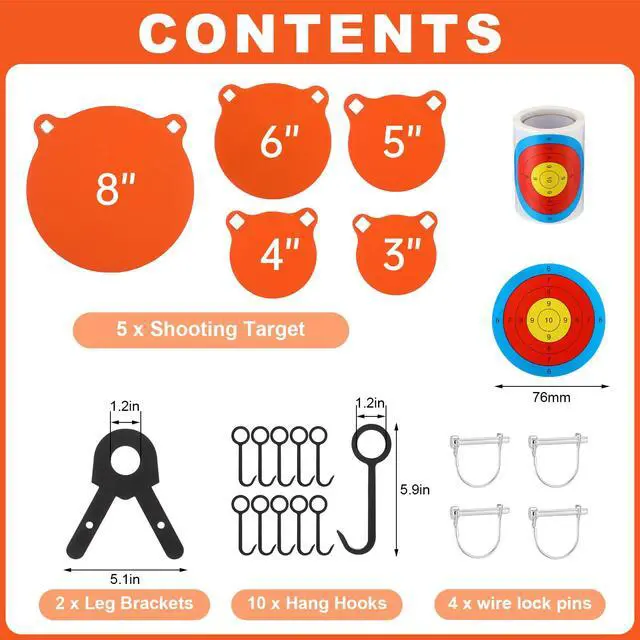 Alt view image 2 of 6 - 1/2 3/8 Inch Thick Ar500 Steel Target Combo Set, Gong with 100 Paper Targets & Hanging Kit, Neon Color, Hooks, Lock Pins, Leg Brackets for 1 Inch Od EMT Conduit