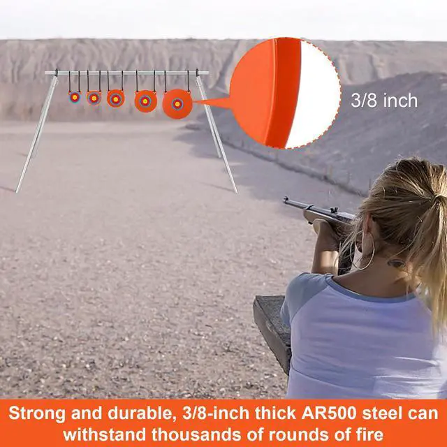 Alt view image 5 of 6 - 1/2 3/8 Inch Thick Ar500 Steel Target Combo Set, Gong with 100 Paper Targets & Hanging Kit, Neon Color, Hooks, Lock Pins, Leg Brackets for 1 Inch Od EMT Conduit