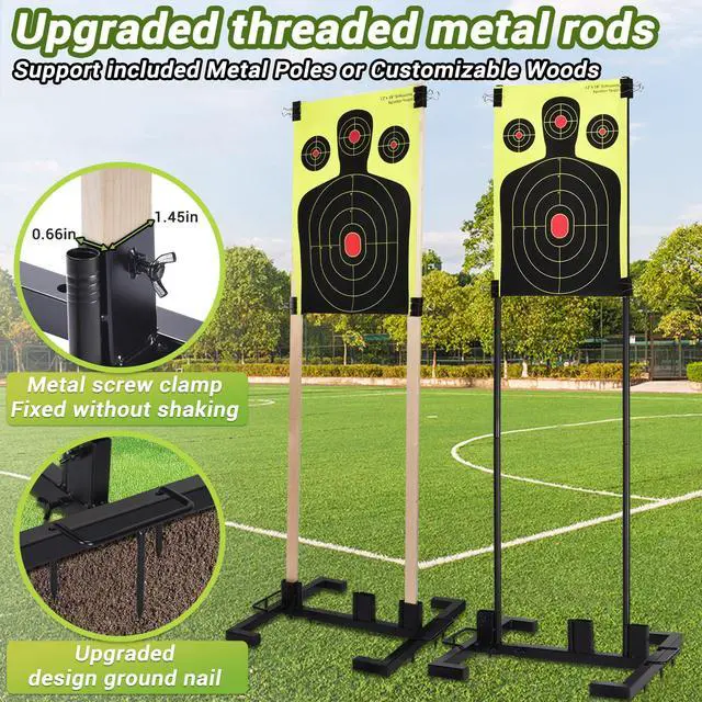 Alt view image 3 of 7 - Adjustable Target Stand Set with 10 Paper Targets, Two Mounting Options for Outdoor Shooting, Stable Holder with Metal Poles and Ground Nails