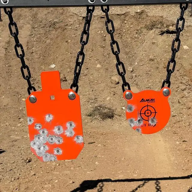 Alt view image 5 of 6 - AR500 Steel Targets Combo with Metal Chains, 3/8 Thick Metal Gong Silhouette Targets for Outdoor Range and Shooting Practice, Neon Orange Color