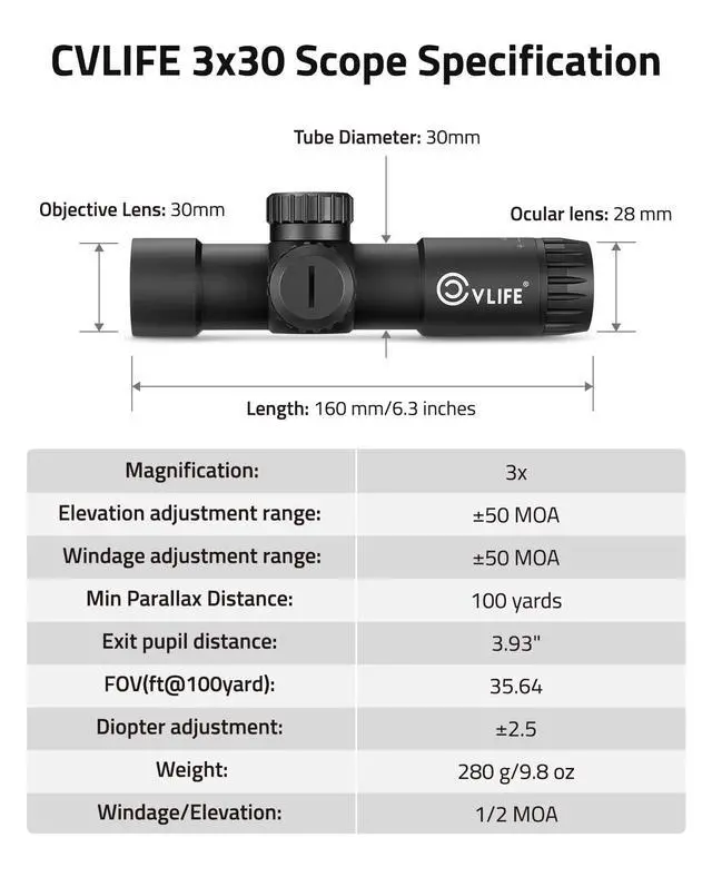 Alt view image 5 of 7 - Compact Rifle Scope with Illuminated Reticle, Zero Reset, Fixed Magnification Hunting Riflescope with 30mm Offset Scope Mount