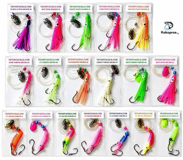 Alt view image 2 of 7 - Kokanee Salmon Shrimp & Hoochies Fishing Lures - Multicolor Packs Including Micro Hoochies & Shrimp - Durable Plastic Construction with Sharp Octopus Hooks - Ideal for Kokanee & Trout