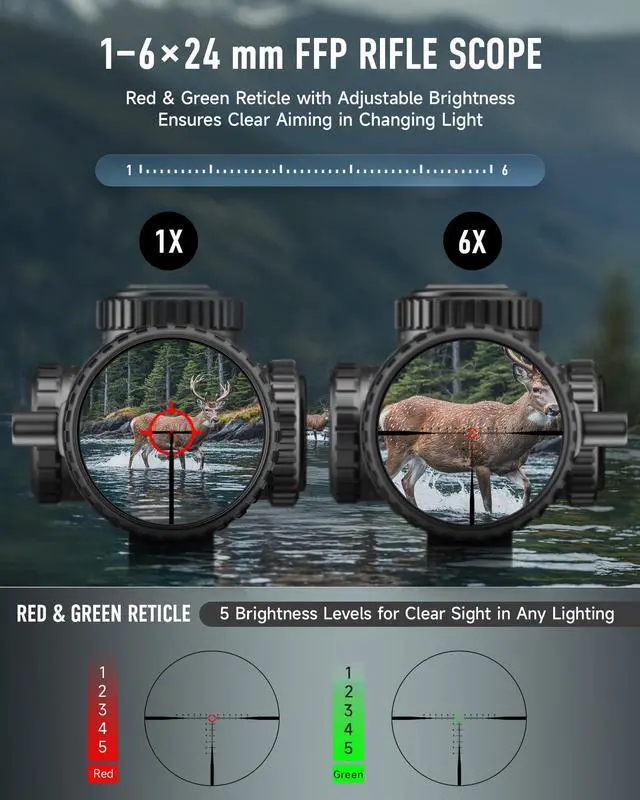 Alt view image 3 of 7 - FFP LPVO Rifle Scope 1-6x/1-8x/1-10x with Red & Green Illuminated Reticle, Self-Locking Turrets & Cantilever Mount for Picatinny Rail