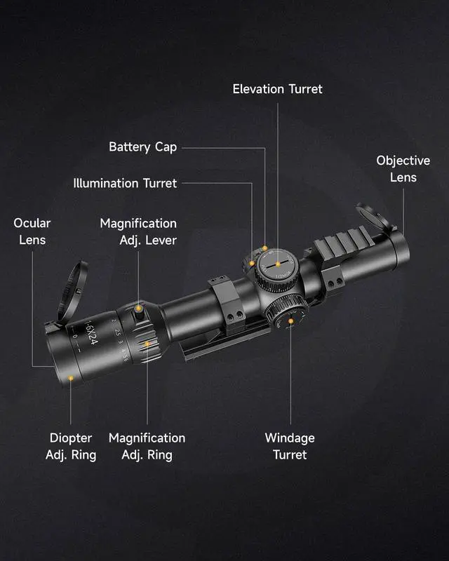 Alt view image 4 of 7 - FFP LPVO Rifle Scope 1-6x/1-8x/1-10x with Red & Green Illuminated Reticle, Self-Locking Turrets & Cantilever Mount for Picatinny Rail