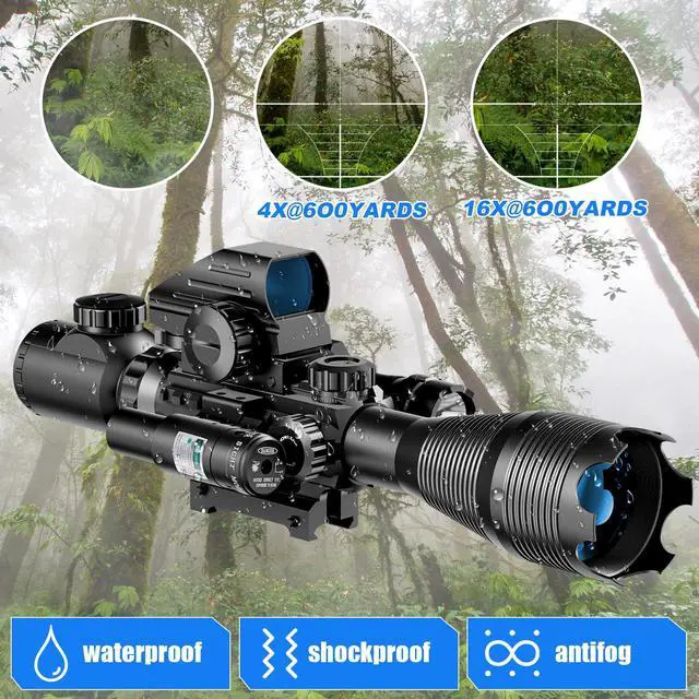 Alt view image 2 of 6 - 4-12/16x50EG Hunting Rifle Scope Tactical Red/Green Dual Illuminated Range Finder with Green/Red Laser 4 Models Holographic Reticle Reflex Red Dot Sight and 5 Brightness Modes Flashlight