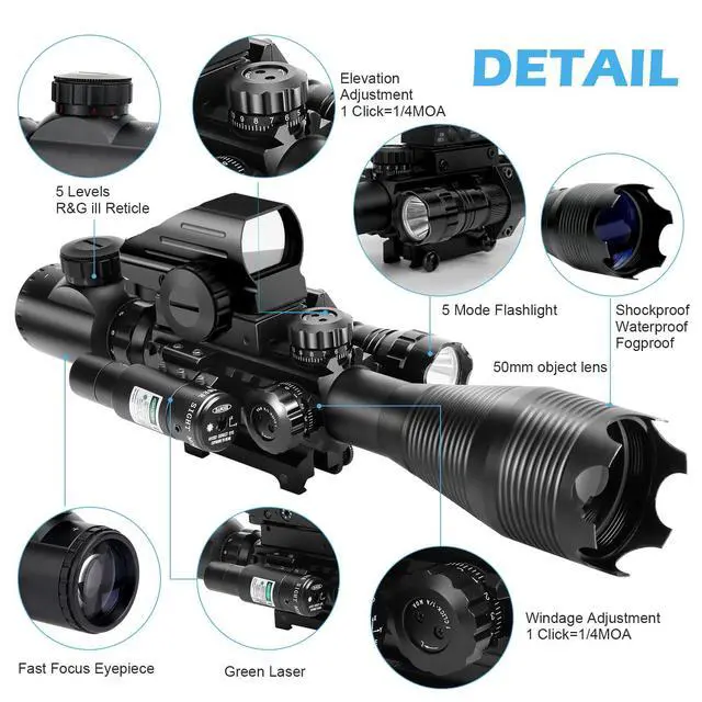 Alt view image 3 of 6 - 4-12/16x50EG Hunting Rifle Scope Tactical Red/Green Dual Illuminated Range Finder with Green/Red Laser 4 Models Holographic Reticle Reflex Red Dot Sight and 5 Brightness Modes Flashlight