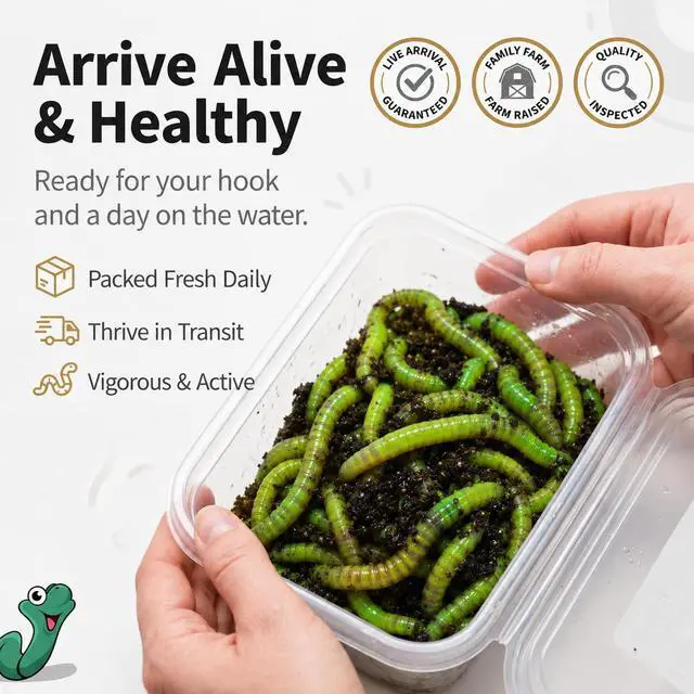 Alt view image 2 of 7 - Count Green Canadian Nightcrawlers (4-6 inch) Worms Treated with Worm-Glo Fishing Bait