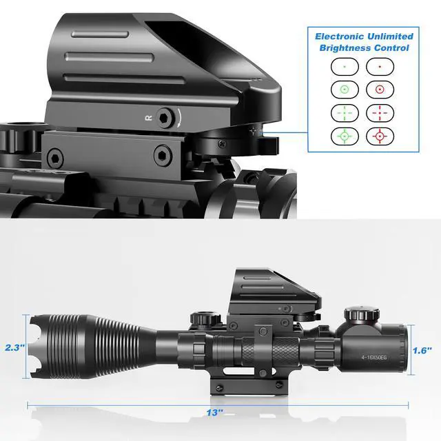 Alt view image 5 of 6 - 4-12/16x50EG Hunting Rifle Scope Tactical Red/Green Dual Illuminated Range Finder with Green/Red Laser 4 Models Holographic Reticle Reflex Red Dot Sight and 5 Brightness Modes Flashlight