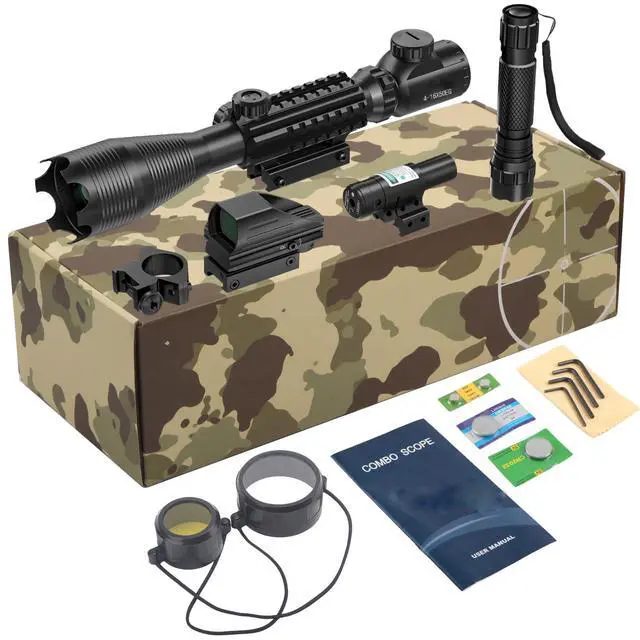 Alt view image 6 of 6 - 4-12/16x50EG Hunting Rifle Scope Tactical Red/Green Dual Illuminated Range Finder with Green/Red Laser 4 Models Holographic Reticle Reflex Red Dot Sight and 5 Brightness Modes Flashlight