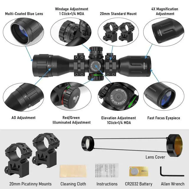 Alt view image 7 of 7 - 4X32AO Compact Rifle Scope with Red/Green Illumination,Front Parallax Adjustment, Mil-dot Reticle,Waterproof and Fog-Proof,Fits 20mm Free Mounts