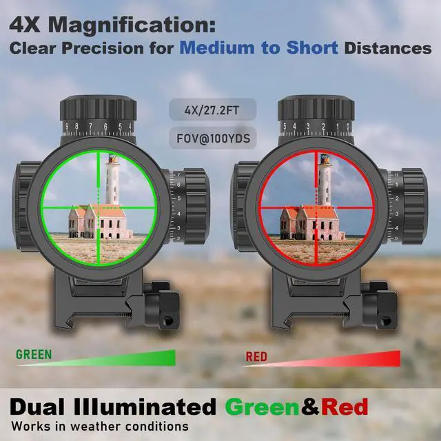 Alt view image 3 of 7 - 4X32AO Compact Rifle Scope with Red/Green Illumination,Front Parallax Adjustment, Mil-dot Reticle,Waterproof and Fog-Proof,Fits 20mm Free Mounts