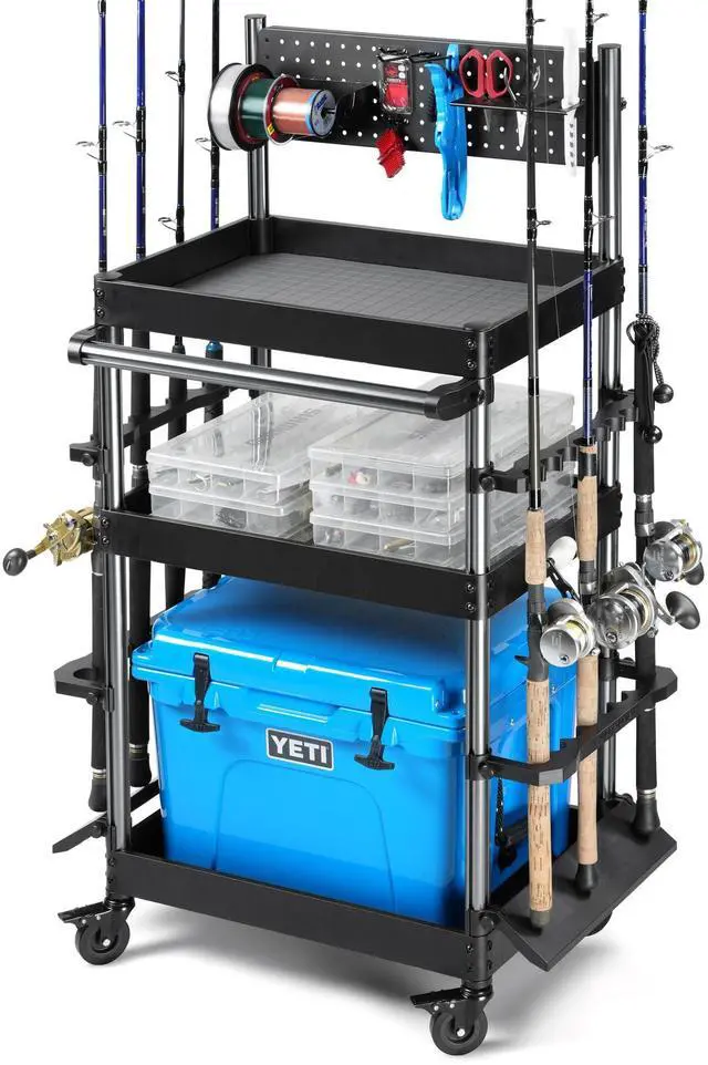 Main image of Mobile Tackle Station Pro 16 Fishing Rod Holder Cart w/Wheels, Adjustable Rack For Different Rod & Reel, 3-Level Fishing Gear Storage Pole Organizer For Garage Home Indoor Use, Black