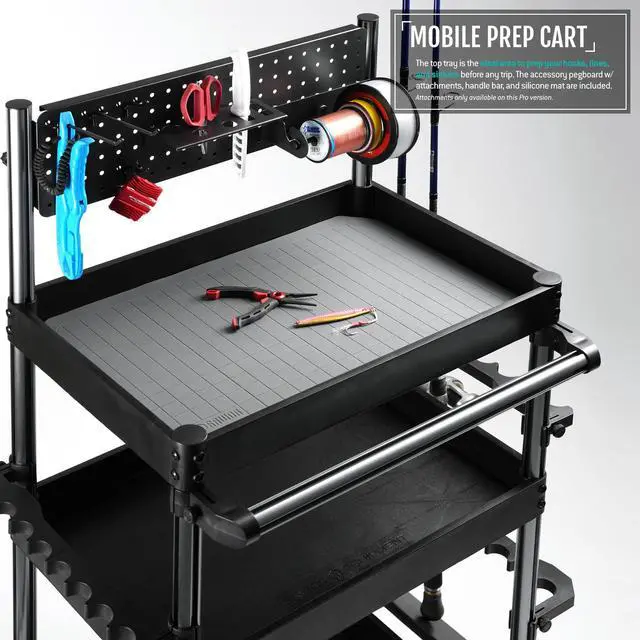 Alt view image 4 of 7 - Mobile Tackle Station Pro 16 Fishing Rod Holder Cart w/Wheels, Adjustable Rack For Different Rod & Reel, 3-Level Fishing Gear Storage Pole Organizer For Garage Home Indoor Use, Black