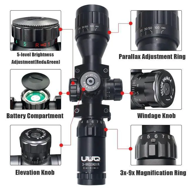 Alt view image 3 of 6 - 3-9x32 Tactical Rifle Scopes,Front AO (Parallax Adjustment) Red Green Illuminated, Mil-dot Reticle,Locking/Hold Zero Turrets, High Profile Mount Rings