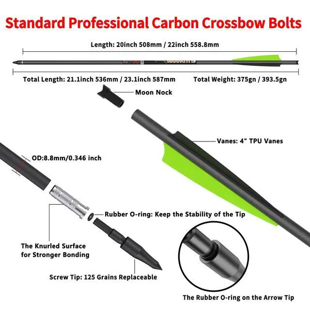 Alt view image 5 of 7 - 100% Pure Carbon Crossbow Bolts, 0.001"/0.003"/0.006" Buy 12 Get 12 Free! 20/22 Inch Professional Standard Hunting Crossbolts with Removable Tips(24 pcs)