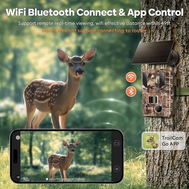 Alt view image 2 of 6 - Trail Camera WiFi - Solar Powered 4K 64MP Game Cameras with Night Vision Motion Activated Waterproof with 32GB SD Card, IP66 120° Detection Angle 0.2s Trigger 940nm No Glow (Emerald Green)