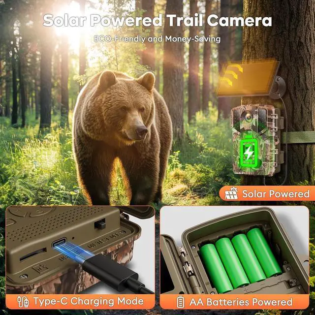 Alt view image 3 of 6 - Trail Camera WiFi - Solar Powered 4K 64MP Game Cameras with Night Vision Motion Activated Waterproof with 32GB SD Card, IP66 120° Detection Angle 0.2s Trigger 940nm No Glow (Emerald Green)