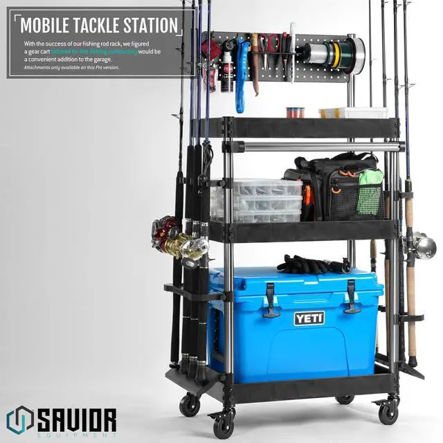 Alt view image 2 of 7 - Mobile Tackle Station Pro 16 Fishing Rod Holder Cart w/Wheels, Adjustable Rack For Different Rod & Reel, 3-Level Fishing Gear Storage Pole Organizer For Garage Home Indoor Use, Black