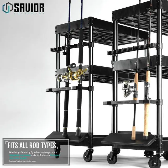 Alt view image 3 of 7 - Mobile Tackle Station Pro 16 Fishing Rod Holder Cart w/Wheels, Adjustable Rack For Different Rod & Reel, 3-Level Fishing Gear Storage Pole Organizer For Garage Home Indoor Use, Black