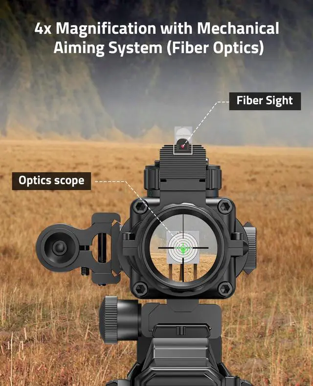 Alt view image 3 of 6 - 4x32 Prism Rifle Scope Red & Green & Blue Illuminated Reticle Scope with Fiber Optic Sight & IIIA/2MW Laser Sight
