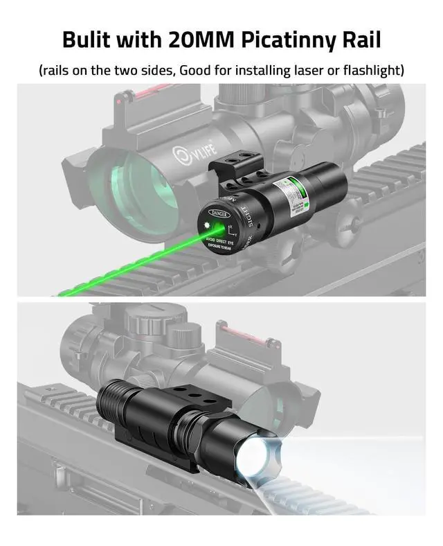 Alt view image 5 of 6 - 4x32 Prism Rifle Scope Red & Green & Blue Illuminated Reticle Scope with Fiber Optic Sight & IIIA/2MW Laser Sight