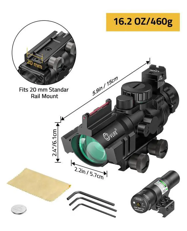 Alt view image 6 of 6 - 4x32 Prism Rifle Scope Red & Green & Blue Illuminated Reticle Scope with Fiber Optic Sight & IIIA/2MW Laser Sight