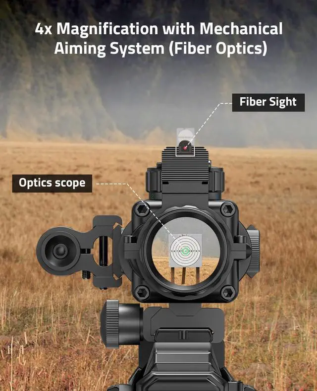 Alt view image 3 of 6 - 4x32 Prism Rifle Scope Red & Green & Blue Illuminated Reticle Scope with Fiber Optic Sight & IIIA/2MW Laser Sight
