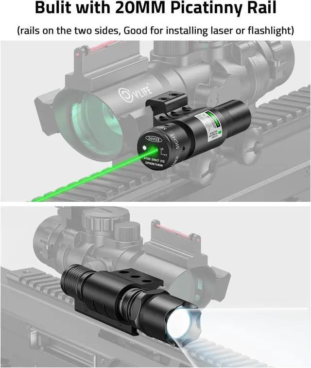 Alt view image 5 of 6 - 4x32 Prism Rifle Scope Red & Green & Blue Illuminated Reticle Scope with Fiber Optic Sight & IIIA/2MW Laser Sight