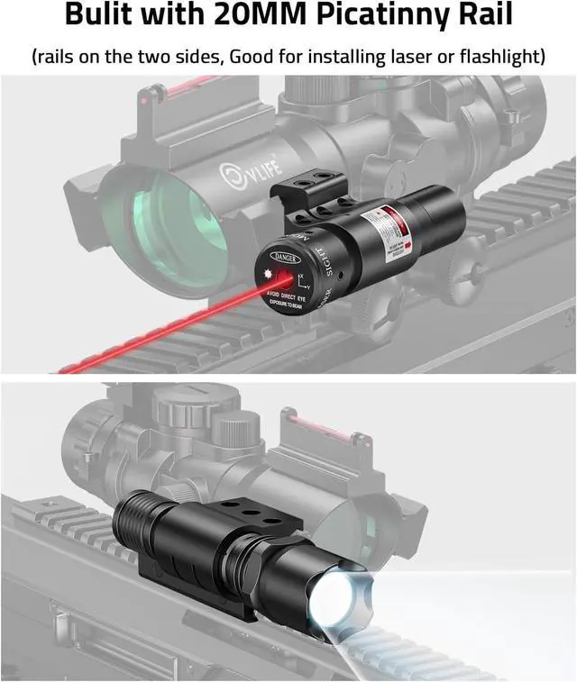 Alt view image 5 of 6 - 4x32 Prism Rifle Scope Red & Green & Blue Illuminated Reticle Scope with Fiber Optic Sight & IIIA/2MW Laser Sight