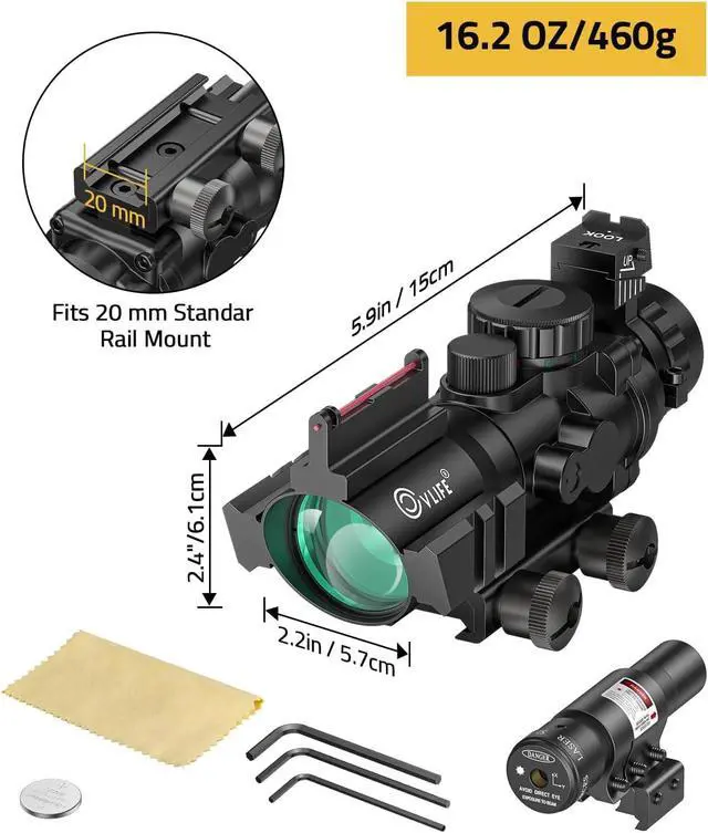 Alt view image 6 of 6 - 4x32 Prism Rifle Scope Red & Green & Blue Illuminated Reticle Scope with Fiber Optic Sight & IIIA/2MW Laser Sight