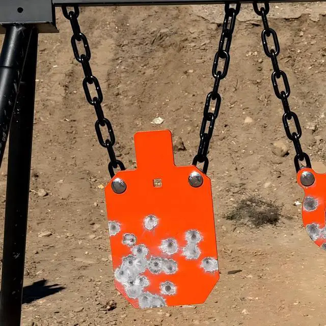 Alt view image 5 of 6 - AR500 Steel Targets Combo with Metal Chains, 3/8 Thick Metal Gong Silhouette Targets for Outdoor Range and Shooting Practice, Neon Orange Color