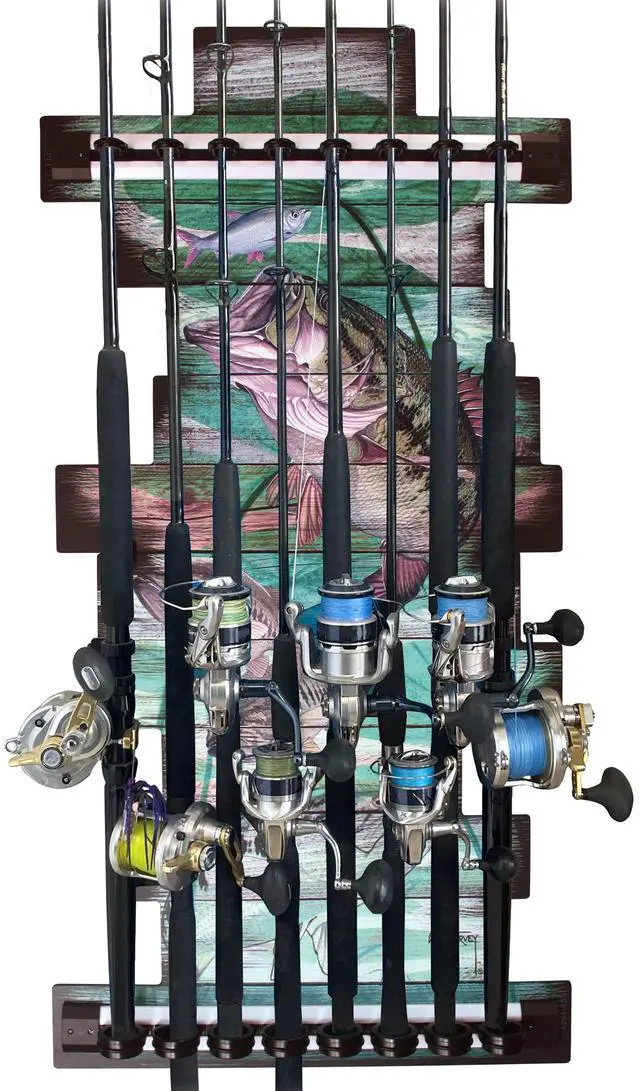 Main image of Guy Harvey 8 Bass Fishing Rod Holder for Garage, Wall Rack or Ceiling Mount Fishing Pole Holder, Vertical/Horizontal Wall Mounted Fishing Gear, Rod & Pole Storage Rack Organizer