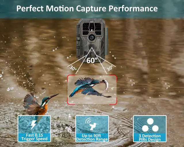 Alt view image 6 of 7 - E5S Trail Camera (Non-Cellular, Non-WiFi), 64MP Photo & 1296P HD Video, 0.1s Trigger, 100ft No-Glow Night Vision, Motion Activated Wildlife Camera