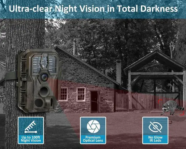 Alt view image 5 of 7 - E5S Trail Camera (Non-Cellular, Non-WiFi), 64MP Photo & 1296P HD Video, 0.1s Trigger, 100ft No-Glow Night Vision, Motion Activated Wildlife Camera